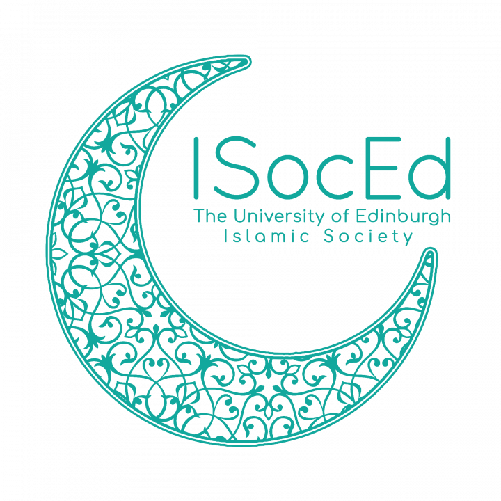 A green and white crescent moon with green text beside it reading: ISocEd The University of Edinburgh Islamic Society