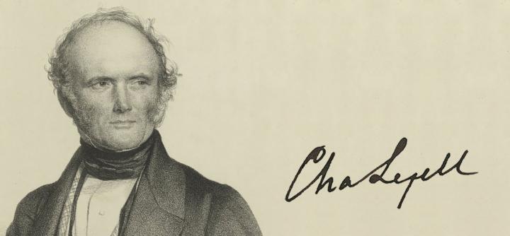 A drawing of Sir Charles Lyell alongside his autograph signature