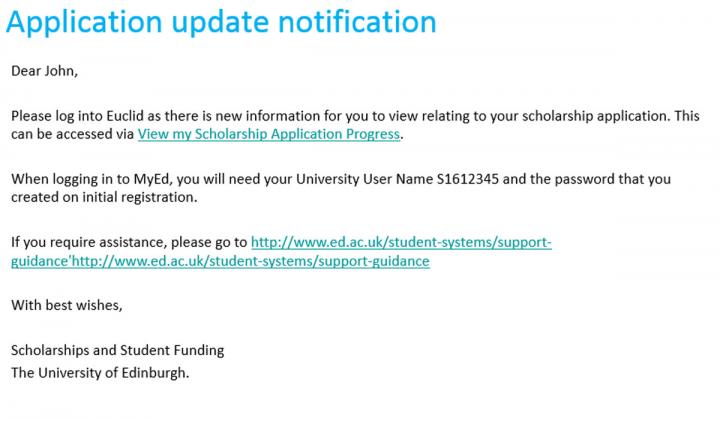 Image of the email notification sent to an applicant when a decision has been made