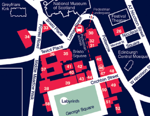 Map of central area showing Chaplaincy, near Potterrow Shop