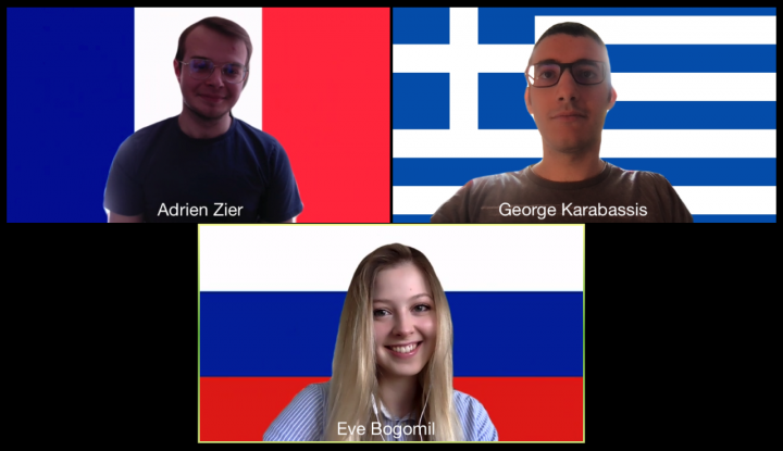 Screenshot of a zoom call of two boys and a girl, all with flags as their backgrounds.