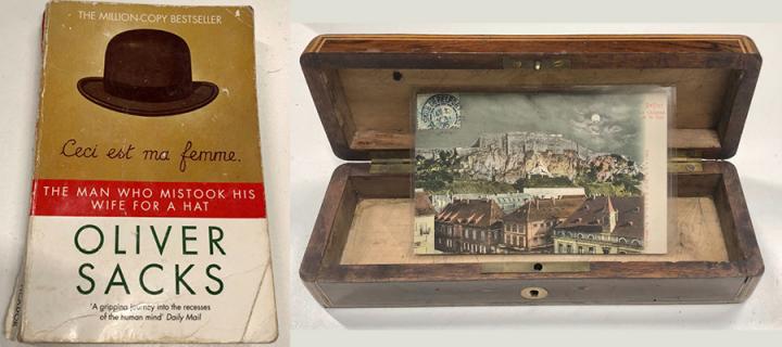 Cover of 'The Man who mistook his Wife for a Hat' by Oliver Sacks and a wooden trinket box with a vintage postcard inside.