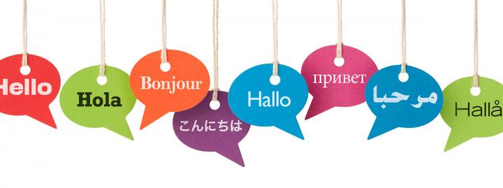 Image of the word hello in several languages - in coloured speech bubbles