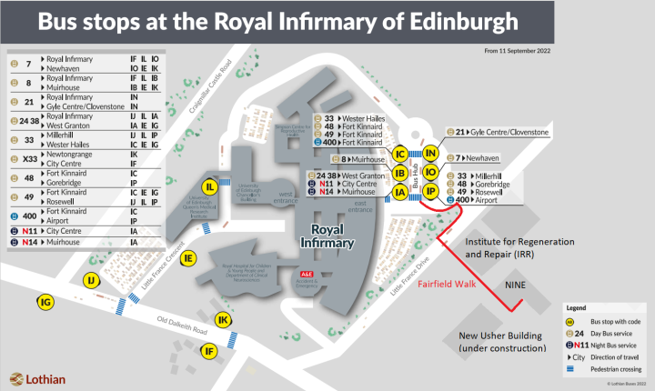 Annotated version of Lothian Buses route map to Nine BioQuarter