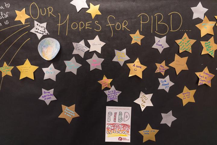 Sticky notes on a blackboard finishing the sentence "our hopes for PIBD..."