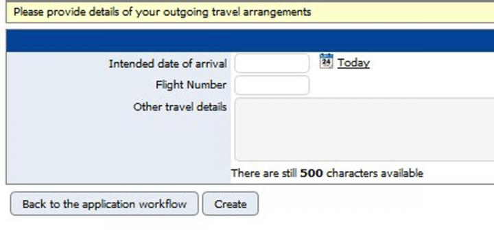 Image of the application workflow travel arrangements screen