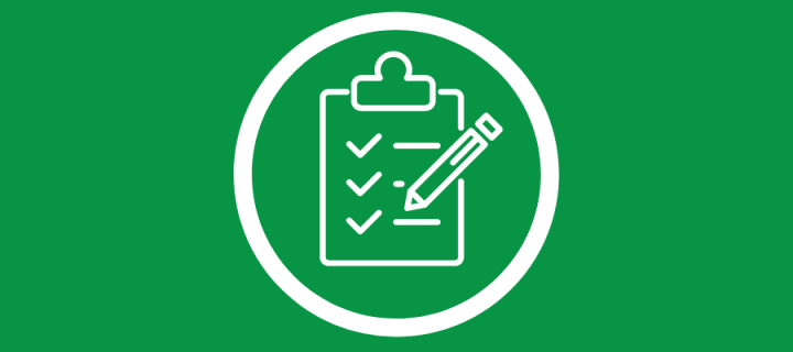 Green background with circle and icon including a clipboard and pencil