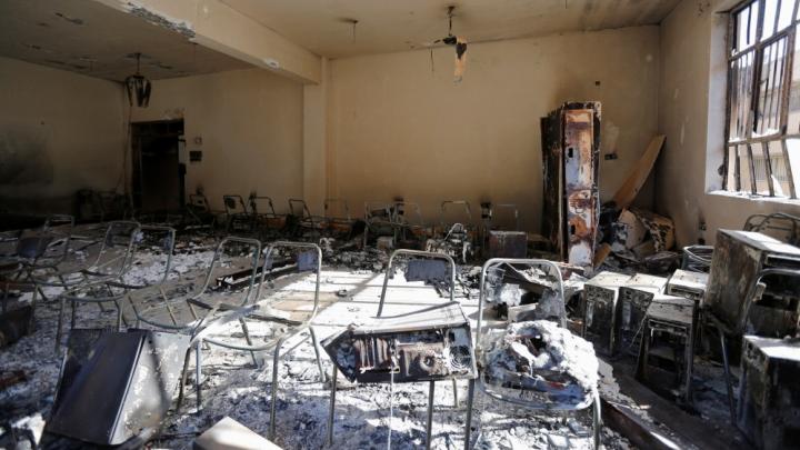 A lecture room at the University of Mosul damaged by IS attacks in Iraq