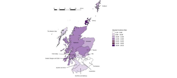 Colour-coded map of MS incidence across Scotland