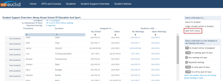 Screenshot showing Student Support Overview screen highlighting the Open Staff Lookup button. 
