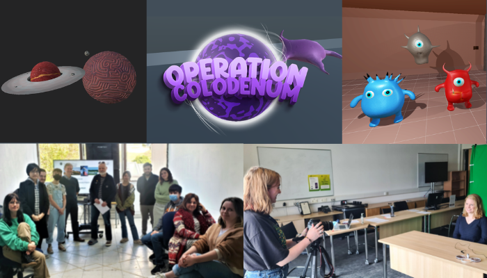 three cartoon images of planets and alien-like creatures and the text "Operation Colodenum", two photos of animation students