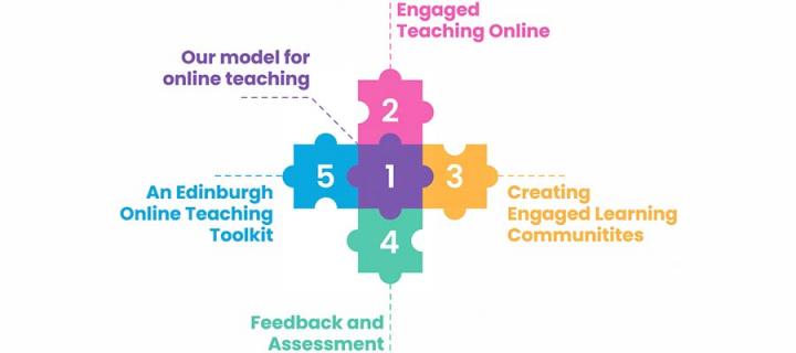 Diagram showing 5 interconnected jigsaw pieces labelled: Our module for online teaching, Engaged teaching online, Creating engag