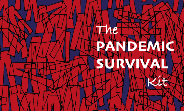 abstract red and blue box pattern with the words "pandemic survival kit" written on top