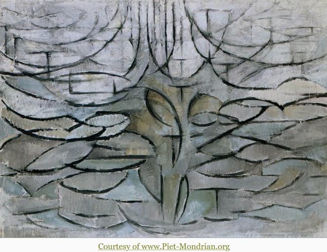 Photograph of Piet Mondrian's painting of 'The Flowering apple tree'. The image is a grey and brown painting with black lines which look like leaves.