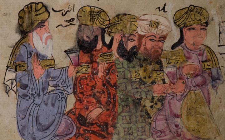 Physicians in deep discussion, drinking during a dinner party. From the chapter on ‘wine and pleasure’ of the Physicians’ Dinner Party (Daʿwat al-aṭibbāʾ) by Ibn Buṭlān (d. 1066). MS 39-69, fol. 20b Reproduced courtesy of the L.A. Mayer Museum for Islamic Art, Jerusalem, Israel / Photograph: Daniela Golan
