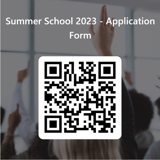A QR code is in the middle of the photo with text at the top saying Summer School 2023 Application Form