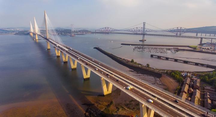 Ariel view of Queensferry Crossing and Forth Bridges