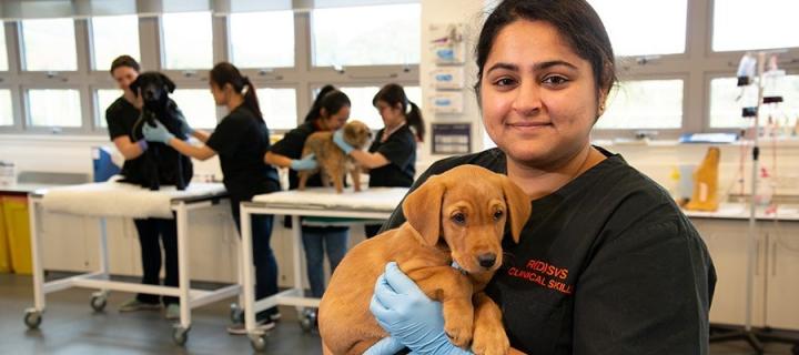 A student holding a dog