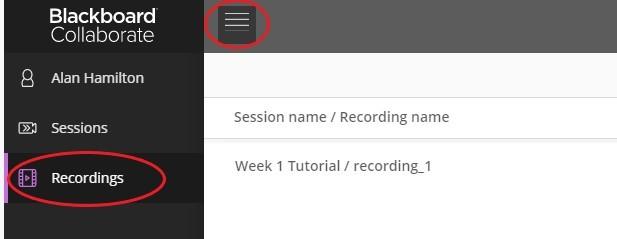 Recorded session options at the left