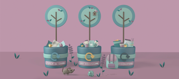 Recycling bins: paper and card, dry recycling, other/food. Cute illustration with mouse and trees growing out of the bins