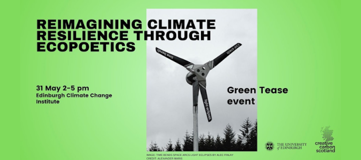A green informative banner featuring the image of a wind turbine in a forest