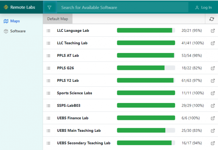 Screenshot showing list of available remote labs