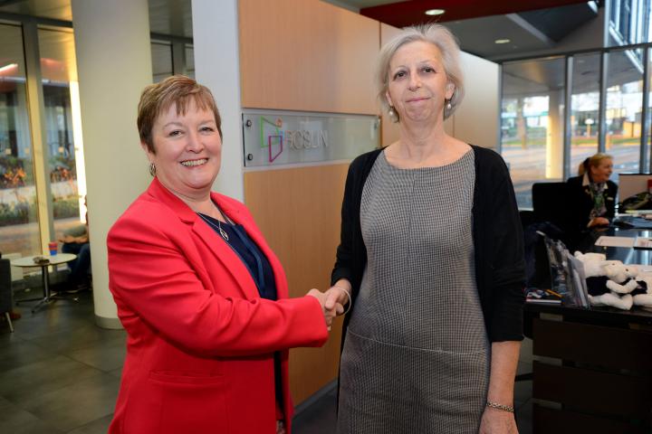 Rhoda Grant MSP is greeted by Professor Eleanor Riley at arrival at The Roslin Institute