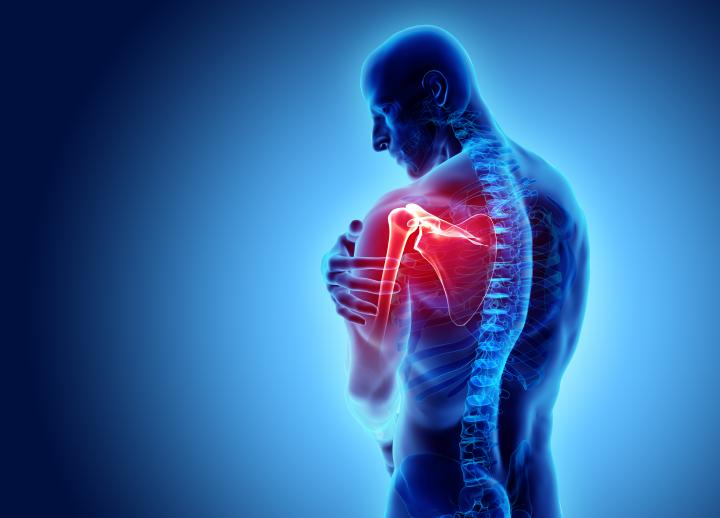 Blue background. Cartoon skeleton showing inflammation in shoulder