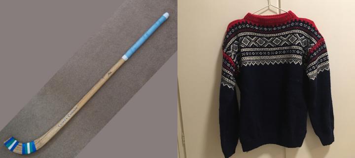 Richenda's shinty stick and Amalie's knitted jumper