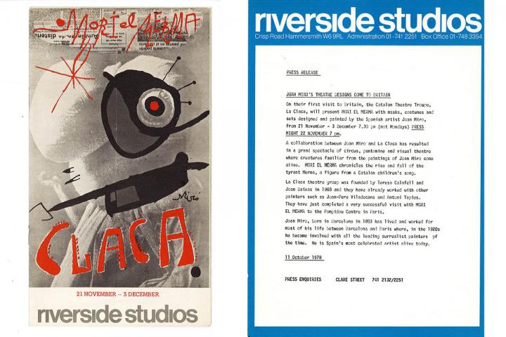 Left: Riverside Studios programme. Right: Riverside Studios press release for Mori el Merma.