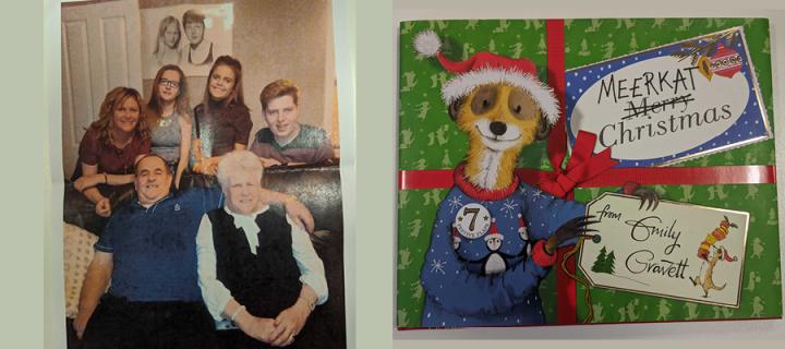 A photo of Ross family and a photo of 'Meerkat Christmas' by Emily Gravett