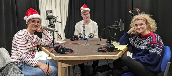 Catherine Rayner, Ross Nixon and host Amalie Sortland recording the Sharing things Christmas special.