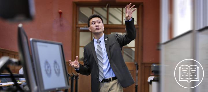 An engineering lecturer speaking in front of a class