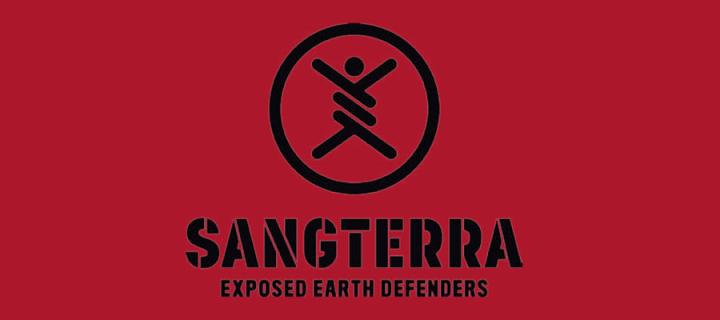 the word sangterra in black on a red background