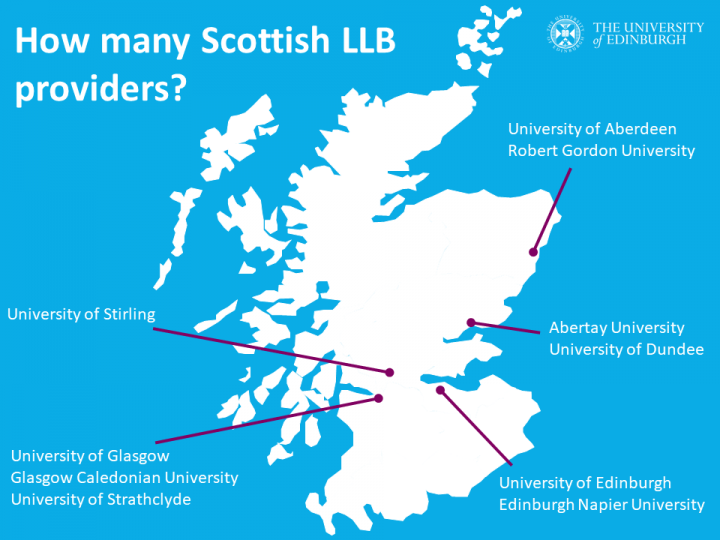 Map showing locations of all 10 Scottish LLB Law Course providers in Scotland