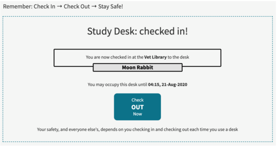 screenshot of the study space booking system Check Out Step 3