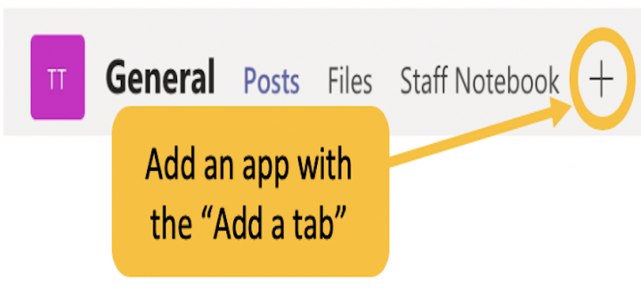 Image showing the "add a tab" button to add an app to a channel