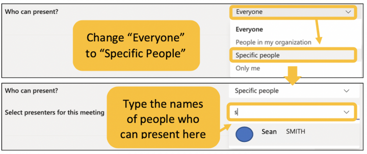 Image showing how to change the who can present setting in Teams meetings