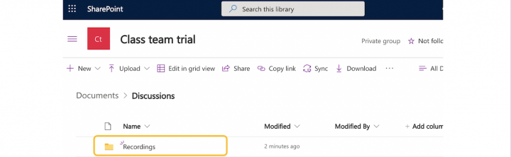 Image showing the documents folder of a Team Sharepoint site with recordings folder highlighted