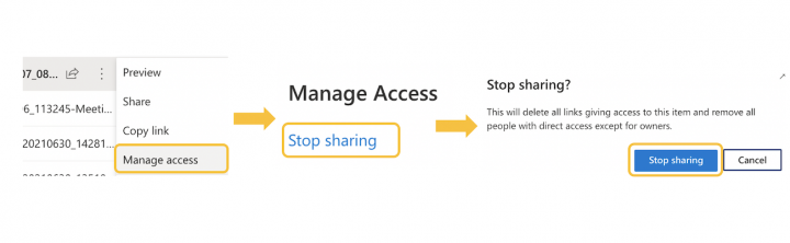 Image showing user clicking manage access, followed by stop sharing, then clicking stop sharing again when warning shows