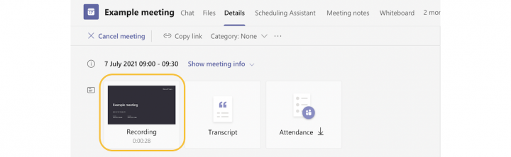Image showing the teams meeting recording button appearing under the details tab in the calendar entry for the meeting