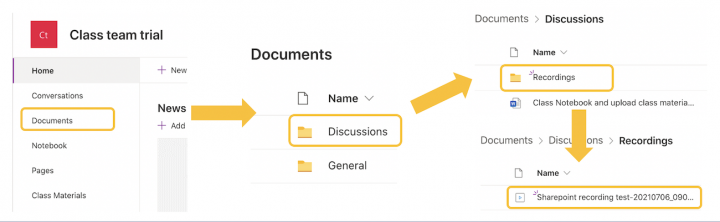 Image showing a user accessing a Team sharepoint, opening the channel, the recordings folder and selecting the meeting recording