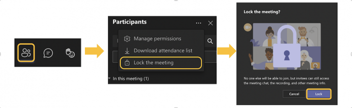 Image showing a user in a Teams meeting clicking show participants, then more actions and lock your meeting, then again lock