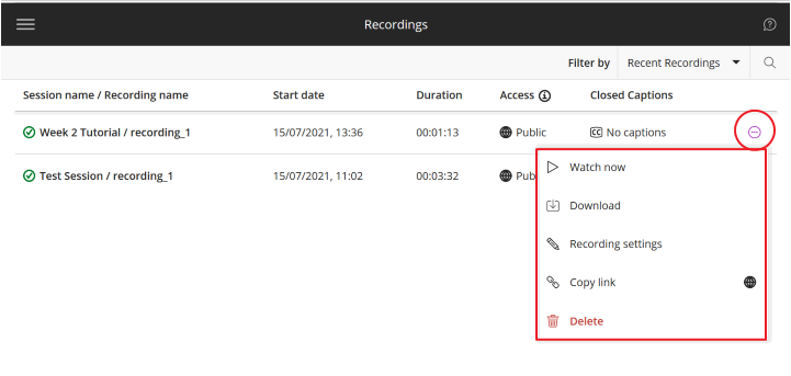Recording options in Learn for Collaborate recordings 