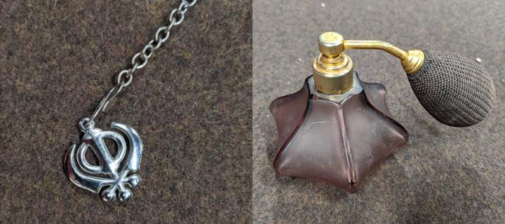Sj's necklace with Sikhism symbol pendant and Mona's dark purple perfume atomiser