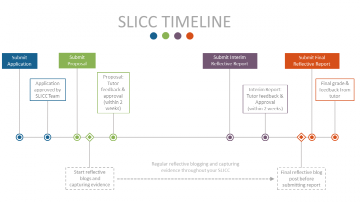 Timeline of the SLICCs process, moving from the application and proposal stages, through to interim and final reflective reports.