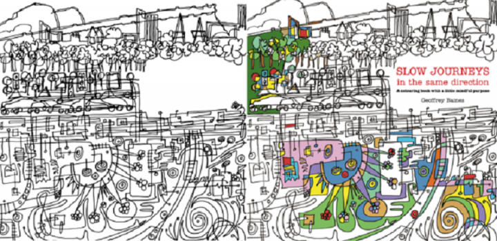 Photograph of front and back cover of Slow Journeys in the same direction colouring book. 