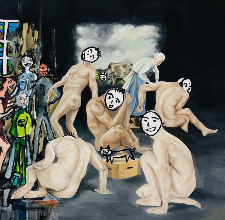 Painting of nude figures with smiley face drawings stuck over their faces by Divinity 2019 Issachar Fund Art Prize winner Soniya Ahmed: image 2