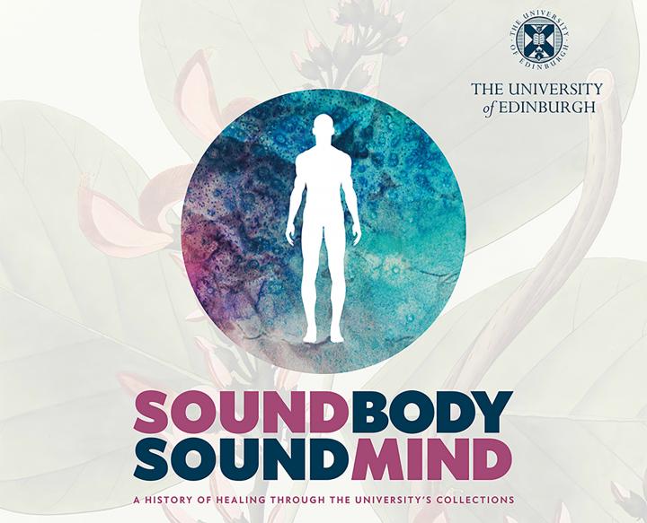 advertisement for Sound Body Sound Mind exhibition with the white outline of a human figure against a blue coloured backdrop