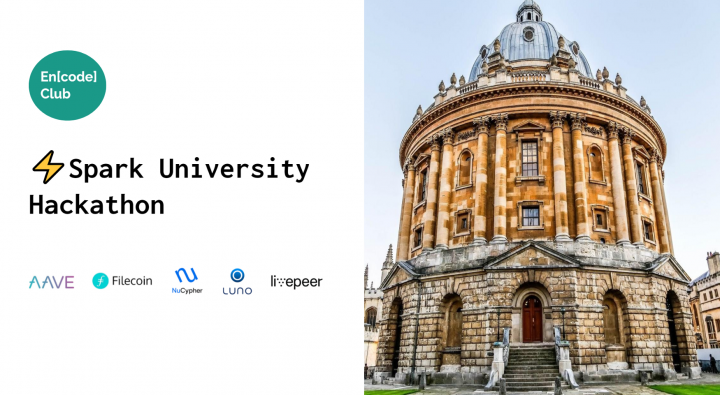 Spark University Hackathon poster featuring the En[code] logo, sponsor logos and a photo of the Radcliffe Camera, Oxford.
